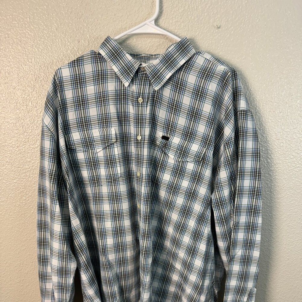 Barbour Shirt Mens Large White Long Sleeve Button Down Blue Black Check Pattern